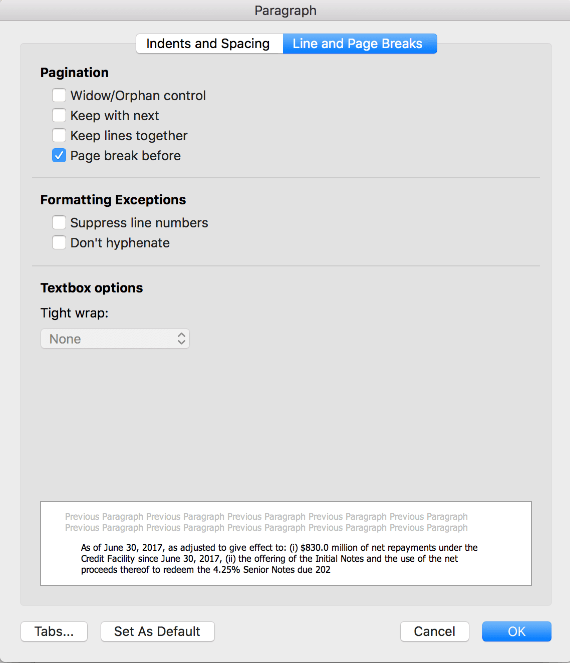 Page Break Before in Word